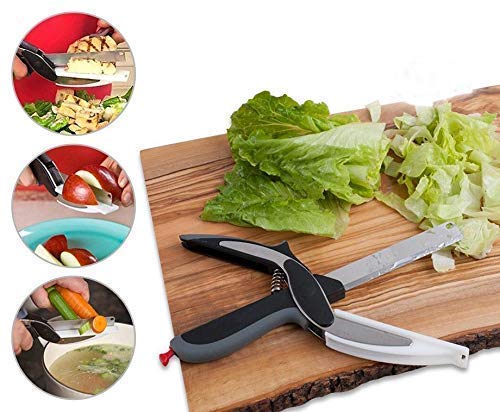 Stainless Steel Smart Clever Cutter 2 in 1 Kitchen Scissors Knife Food Chopper for Vegetable and Fruits