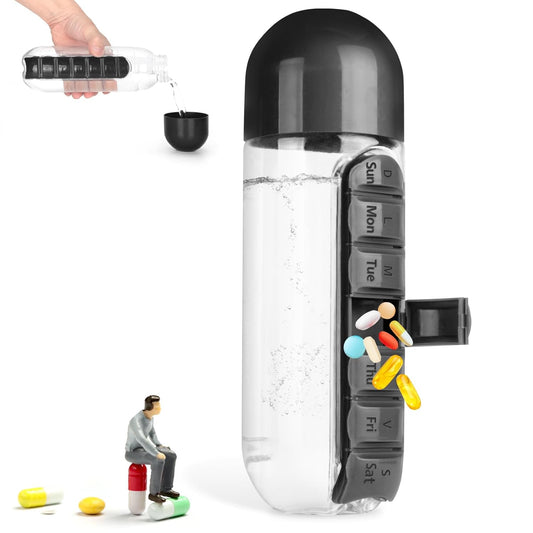 2 in 1 Pill Bottle With Water Bottle-750ml, Medicine Organizer Box (Multicolor)