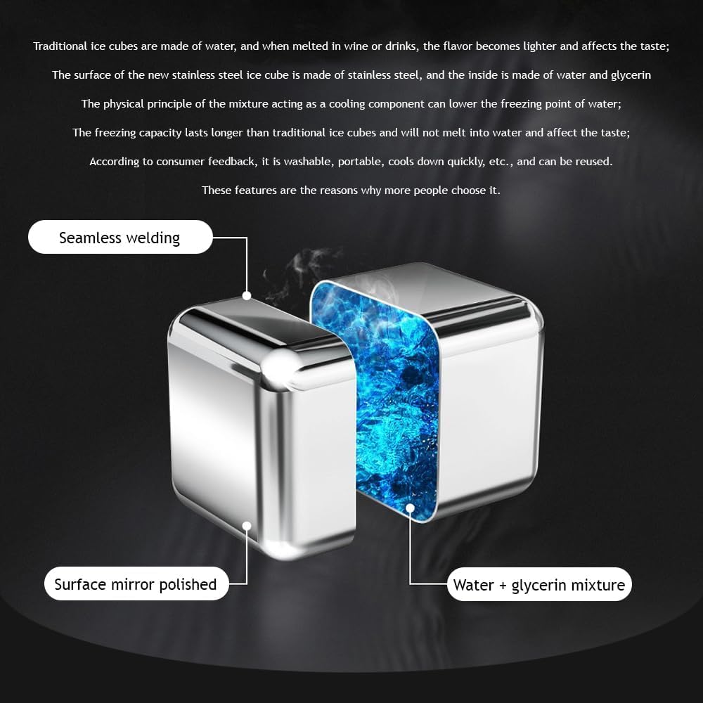 8Pcs Stainless Steel Reusable Whiskey Stones Ice Cubes with Tongs & Container
