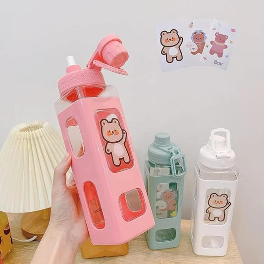 Kawaii Water Bottle With Straw, 3D Stickers Cute Aesthetic Bottle - 700ml
