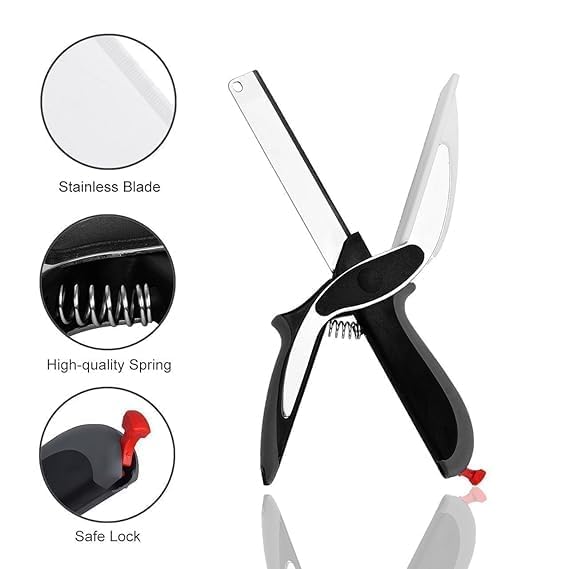 Stainless Steel Smart Clever Cutter 2 in 1 Kitchen Scissors Knife Food Chopper for Vegetable and Fruits