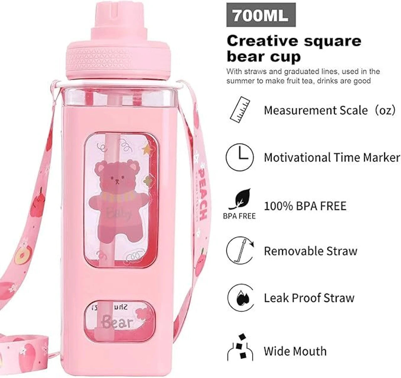 Kawaii Water Bottle With Straw, 3D Stickers Cute Aesthetic Bottle - 700ml