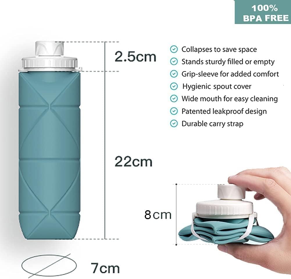 Collapsible Silicone Water Bottle 600ml – Leakproof, BPA-Free, Foldable, Wide Mouth, Portable for Travel, Gym, Cycling, Camping, Sports (Multicolor)