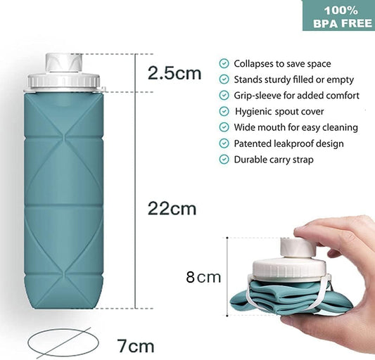 Collapsible Silicone Water Bottle 600ml – Leakproof, BPA-Free, Foldable, Wide Mouth, Portable for Travel, Gym, Cycling, Camping, Sports (Multicolor)