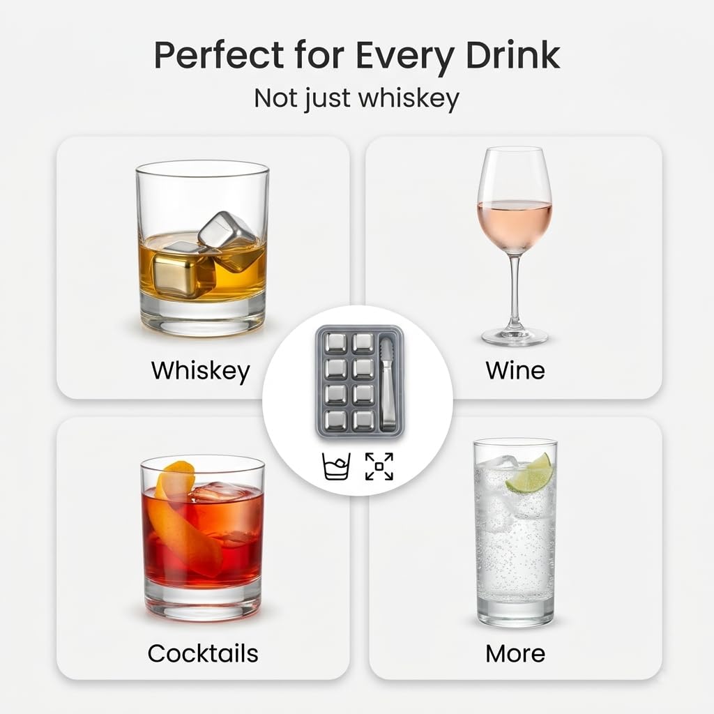 8Pcs Stainless Steel Reusable Whiskey Stones Ice Cubes with Tongs & Container
