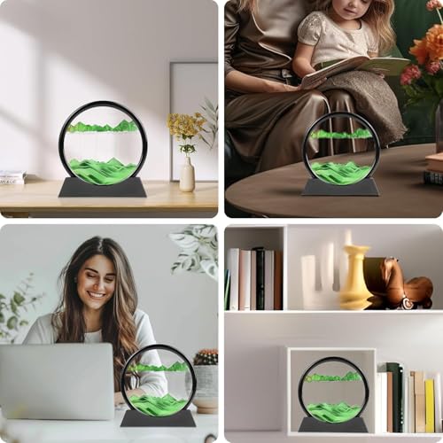 3D Dynamic Moving Sand Art Picture, Liquid Motion Sand Painting in Round Glass Frame, Natural Landscape Sandscape Showpiece, Office Desktop and Home Decor Gift (7 Inch, Multicolor)