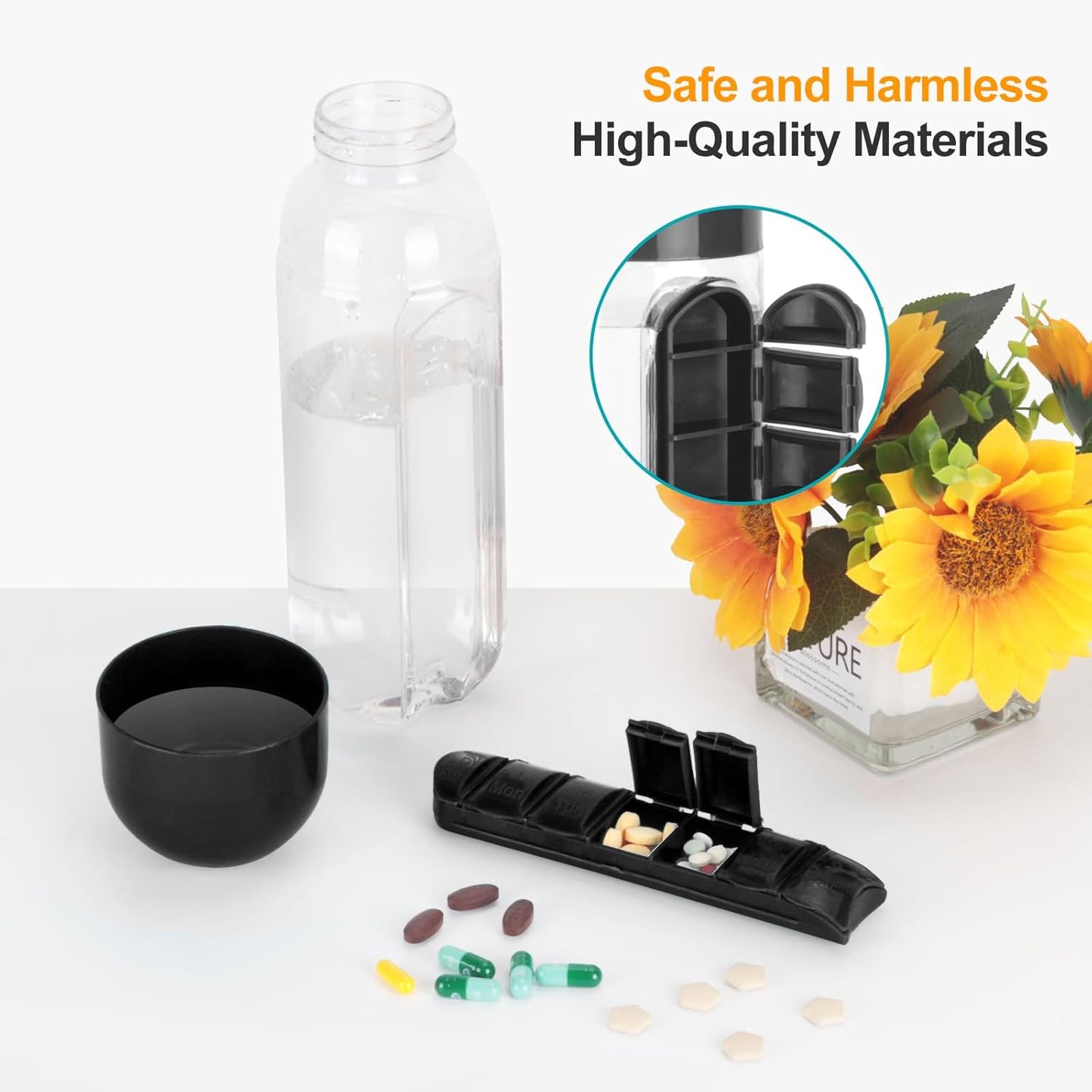 2 in 1 Pill Bottle With Water Bottle-750ml, Medicine Organizer Box (Multicolor)