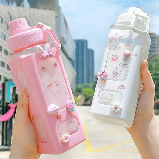 Kawaii Water Bottle With Straw, 3D Stickers Cute Aesthetic Bottle - 700ml