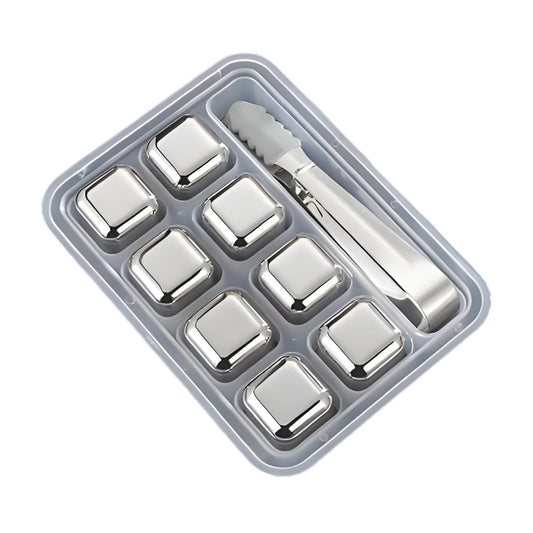 8Pcs Stainless Steel Reusable Whiskey Stones Ice Cubes with Tongs & Container