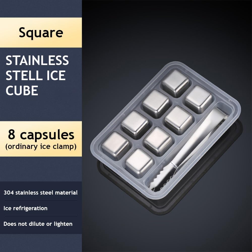 8Pcs Stainless Steel Reusable Whiskey Stones Ice Cubes with Tongs & Container
