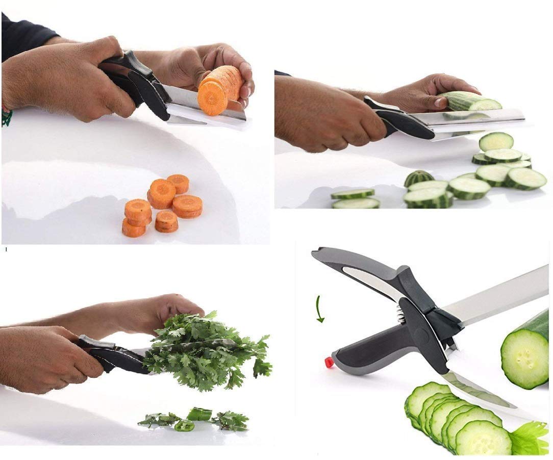 Stainless Steel Smart Clever Cutter 2 in 1 Kitchen Scissors Knife Food Chopper for Vegetable and Fruits