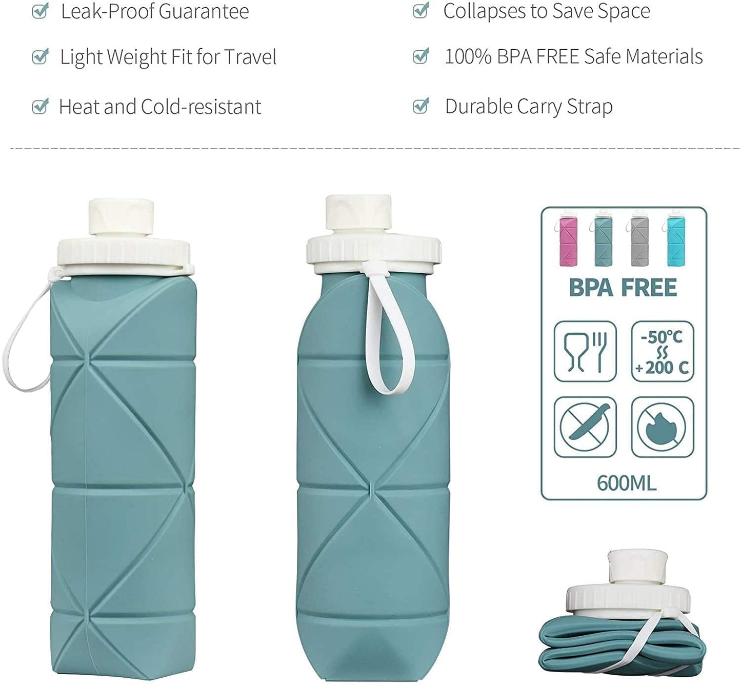 Collapsible Silicone Water Bottle 600ml – Leakproof, BPA-Free, Foldable, Wide Mouth, Portable for Travel, Gym, Cycling, Camping, Sports (Multicolor)