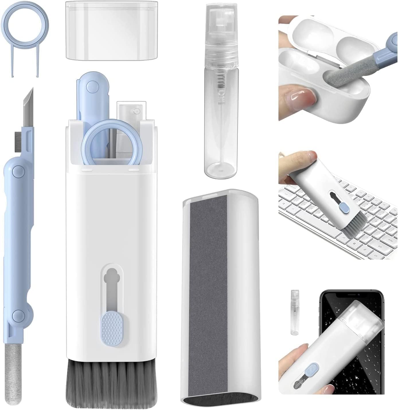 7 in 1 Multi-Function Laptop Cleaning Brush/Keyboard Cleaning kit/Gadget Cleaning kit Gap Duster Key-Cap Puller for Laptop,Monitor,Keyboard and Earphones with Spray Bottle (Multicolor)