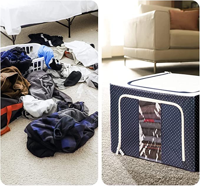Foldable Clothes Storage Box, (66 Liter) Large Capacity Clothes Storage Bag Organizer with Thick Fabric Visible Steel Frame, Saree Organisers Storage for Wardrobe (Pack of 1), Navy Blue