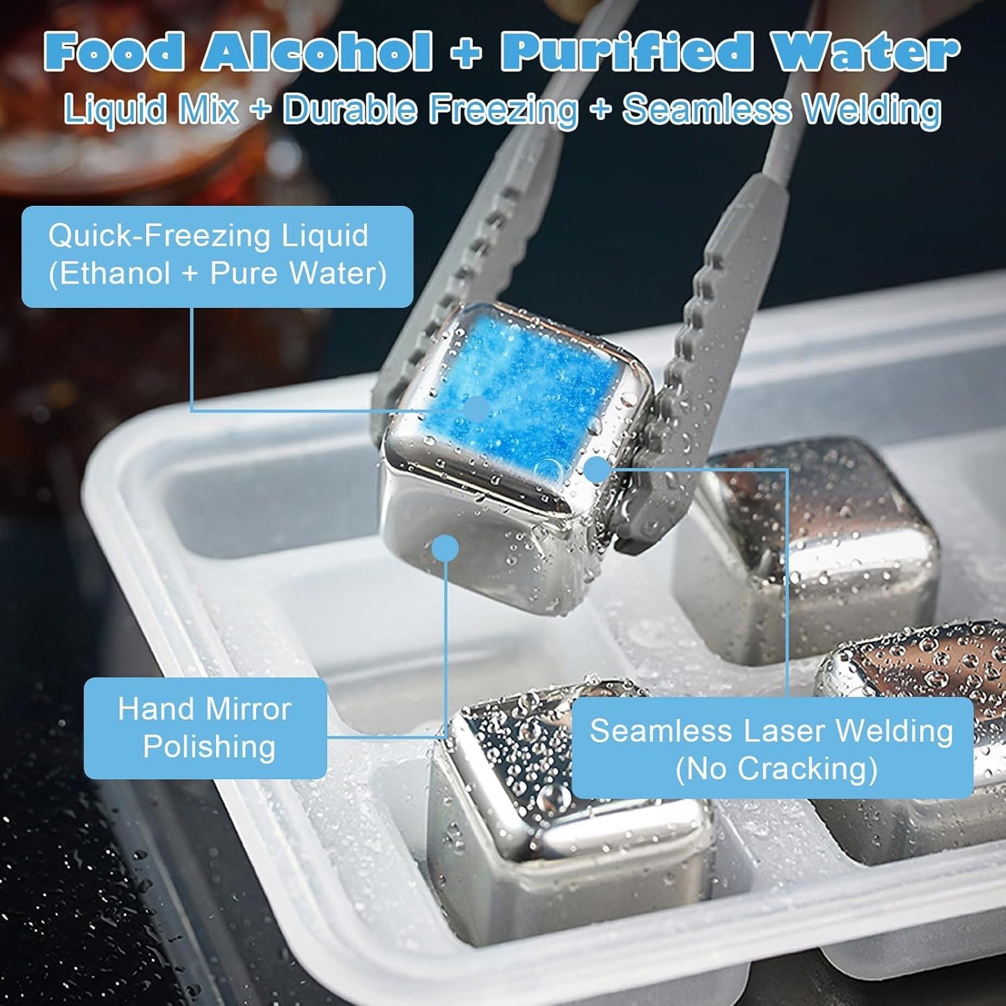 8Pcs Stainless Steel Reusable Whiskey Stones Ice Cubes with Tongs & Container