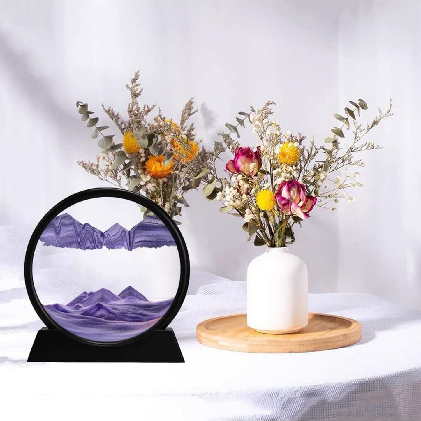 3D Dynamic Moving Sand Art Picture, Liquid Motion Sand Painting in Round Glass Frame, Natural Landscape Sandscape Showpiece, Office Desktop and Home Decor Gift (7 Inch, Multicolor)