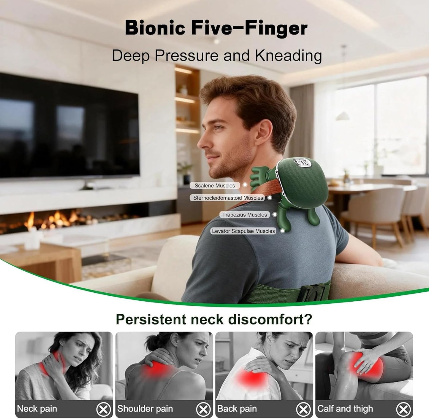 Bionic Heated Massager, Wireless Portable Neck and Back Massager, Electric Deep Tissue 4D Kneading Massage, Simulated Human Hand Design for Pain Relief and Muscle Relax