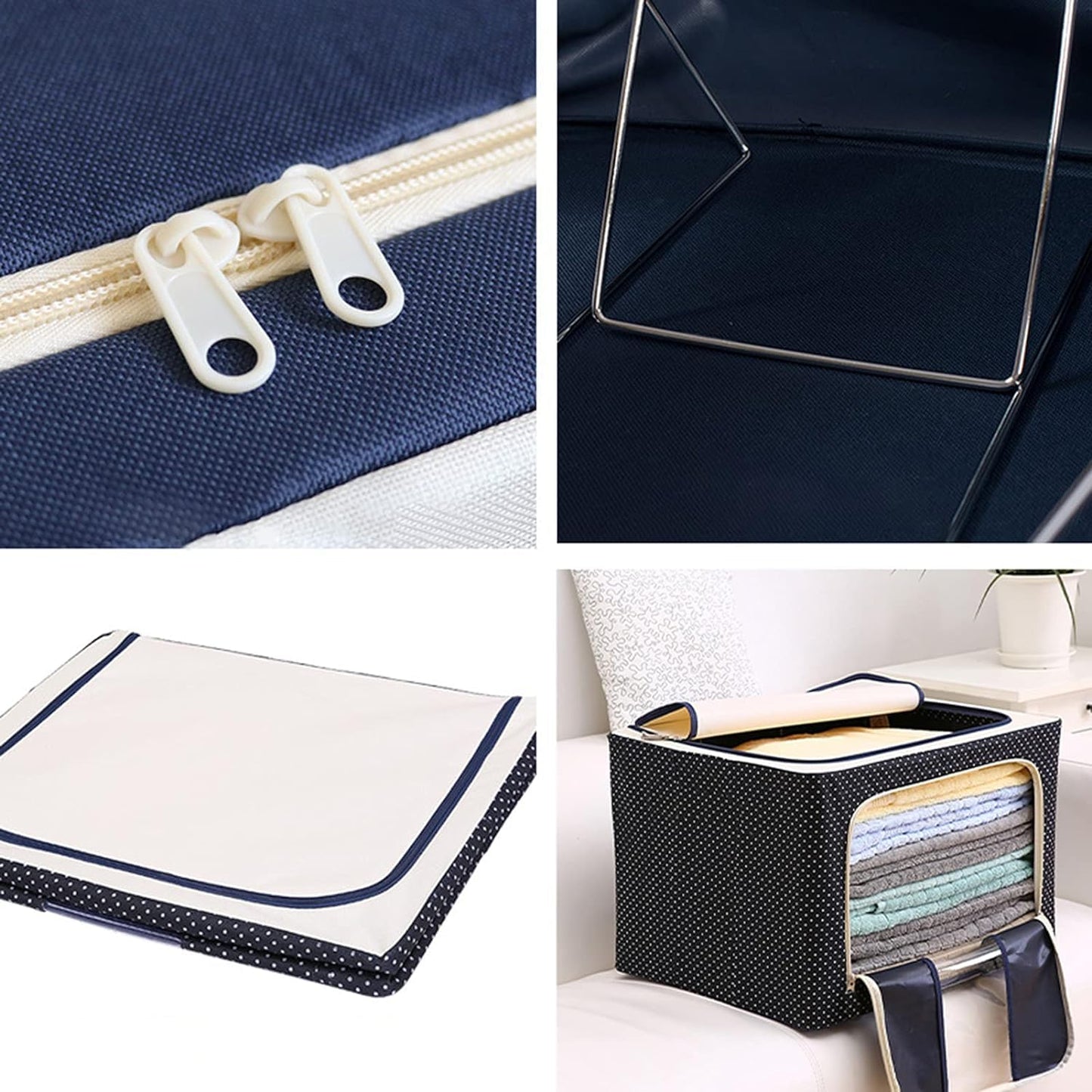 Foldable Clothes Storage Box, (66 Liter) Large Capacity Clothes Storage Bag Organizer with Thick Fabric Visible Steel Frame, Saree Organisers Storage for Wardrobe (Pack of 1), Navy Blue
