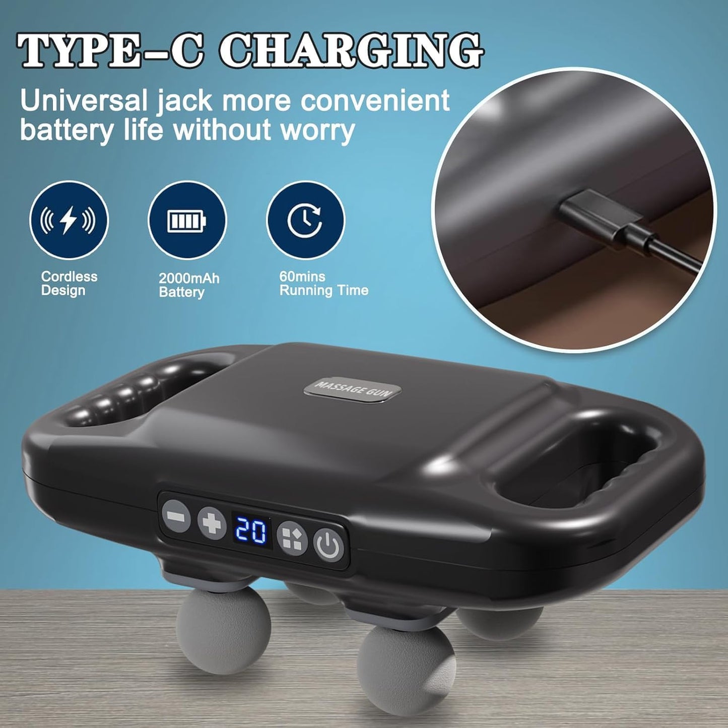 4-Head Massage Gun Deep Tissue, Muscle Massager 20 Intensities & 6 Massage Modes, 4-Head Back Massager for Pain Relief