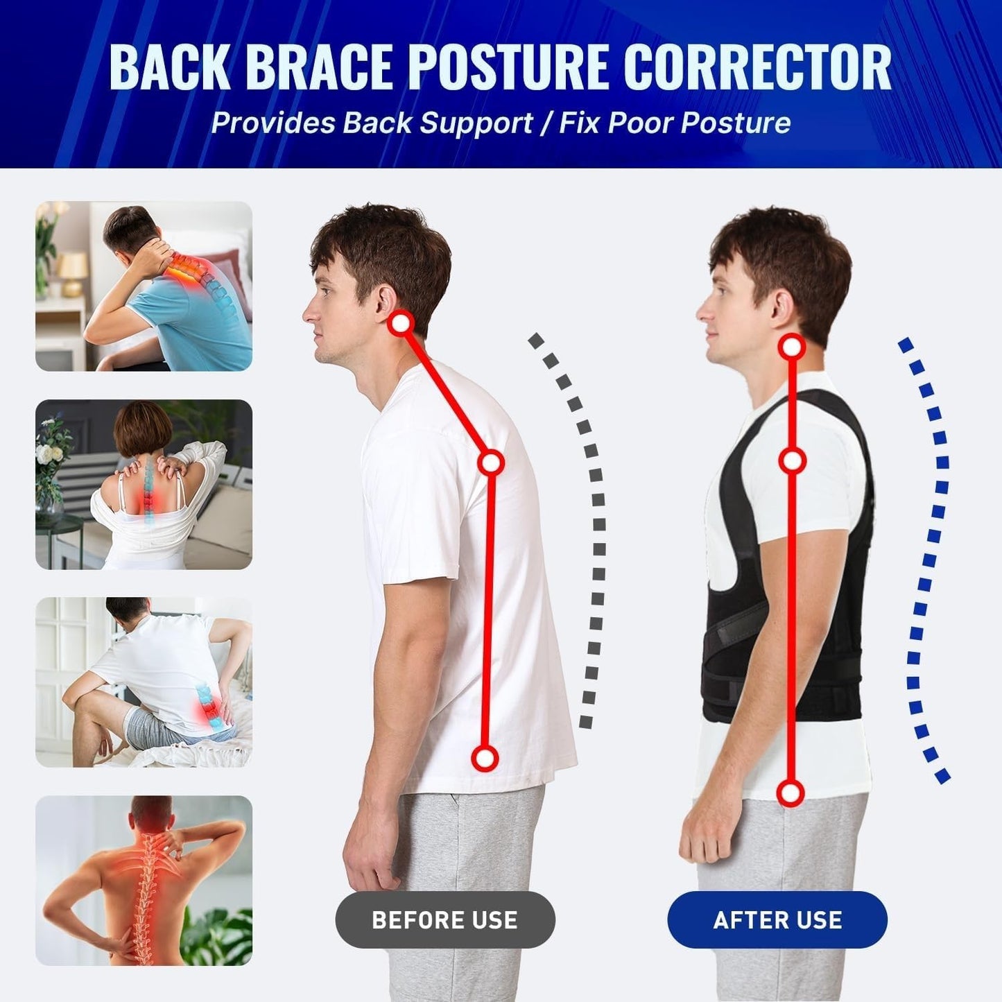 Premium Posture Corrector Belt Pro for Men & Women | Adjustable Back Support Brace for Spine Alignment, Shoulder & Upper Back Pain Relief | Comfortable & Breathable Material (Black, One Size)