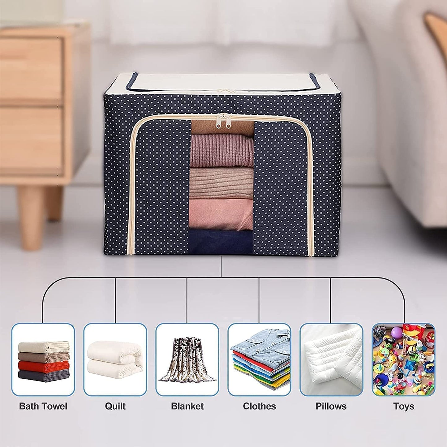 Foldable Clothes Storage Box, (66 Liter) Large Capacity Clothes Storage Bag Organizer with Thick Fabric Visible Steel Frame, Saree Organisers Storage for Wardrobe (Pack of 1), Navy Blue