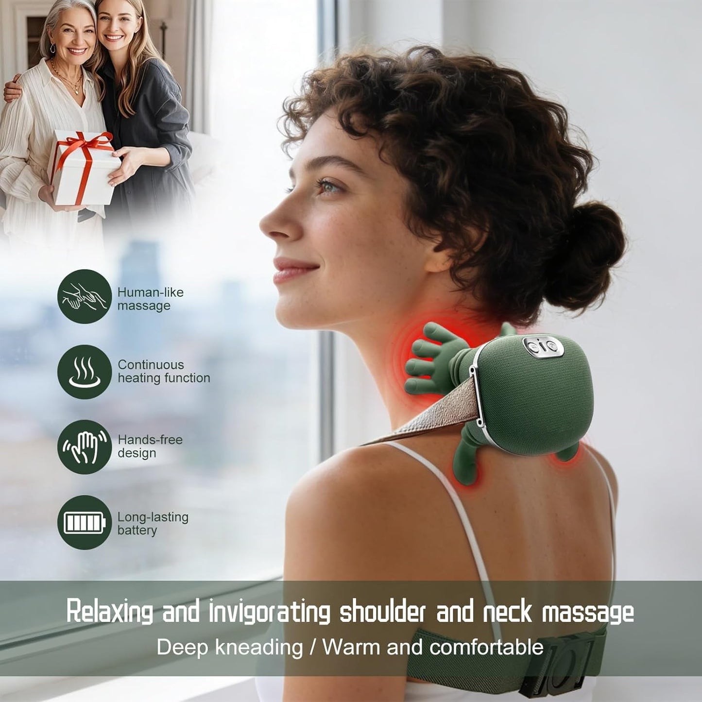 Bionic Heated Massager, Wireless Portable Neck and Back Massager, Electric Deep Tissue 4D Kneading Massage, Simulated Human Hand Design for Pain Relief and Muscle Relax