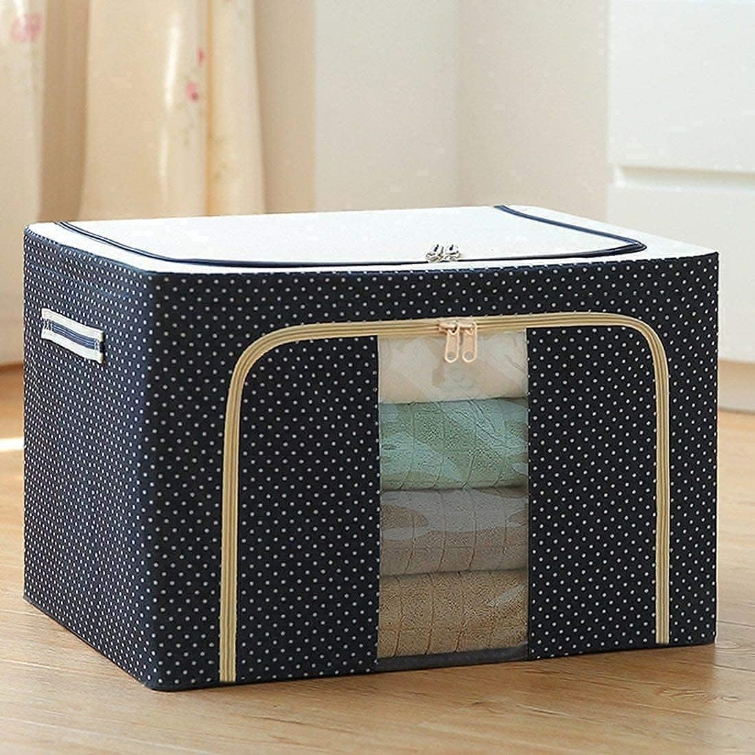 Foldable Clothes Storage Box, (66 Liter) Large Capacity Clothes Storage Bag Organizer with Thick Fabric Visible Steel Frame, Saree Organisers Storage for Wardrobe (Pack of 1), Navy Blue