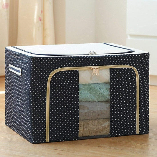 Foldable Clothes Storage Box, (66 Liter) Large Capacity Clothes Storage Bag Organizer with Thick Fabric Visible Steel Frame, Saree Organisers Storage for Wardrobe (Pack of 1), Navy Blue