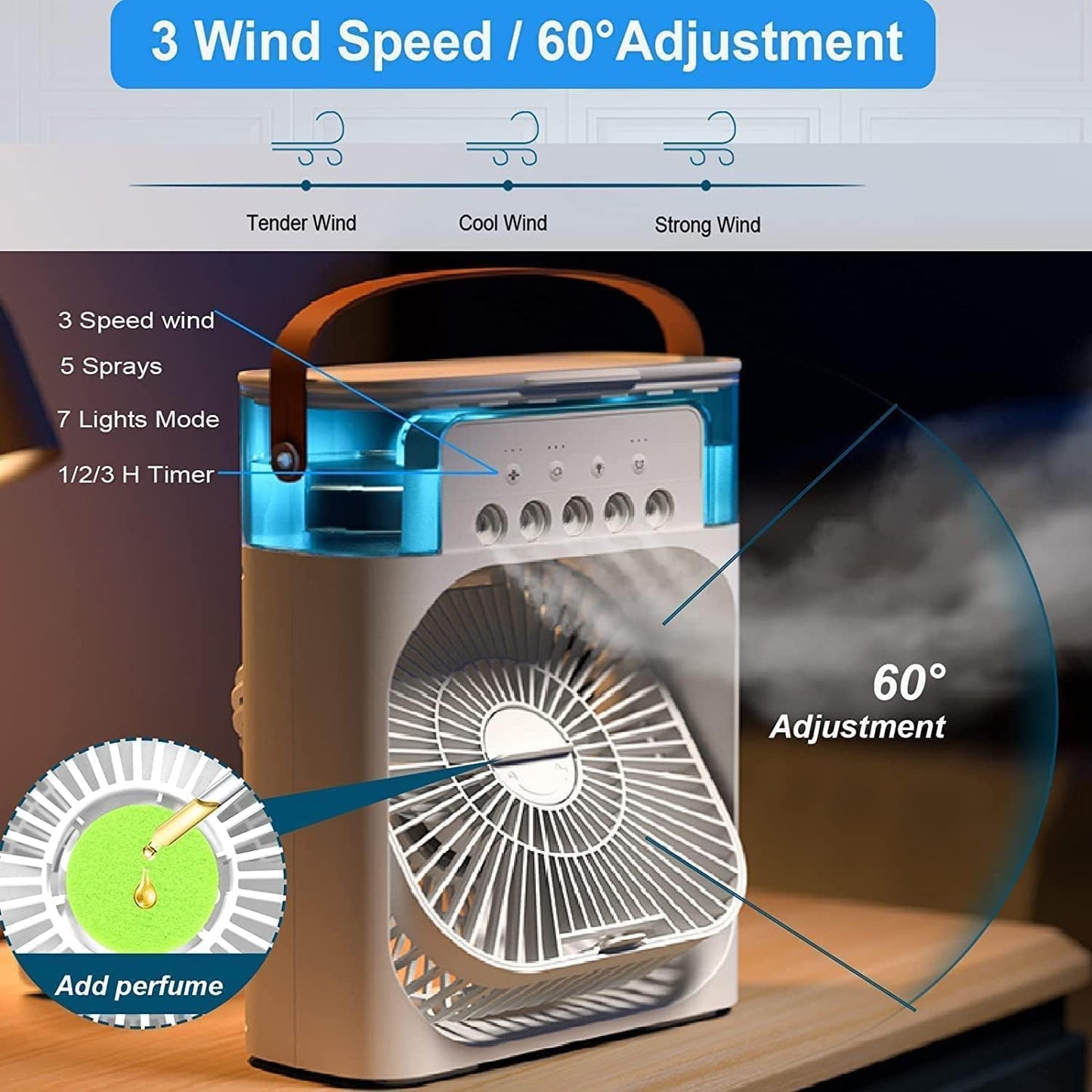 Portable Air Cooler Fan with Water Tank & USB Power - Mini Personal Evaporative Cooler with 3 Speeds, Mist Humidifier, LED Light, Quiet Cooling for Home, Office, Bedroom (Multicolor)