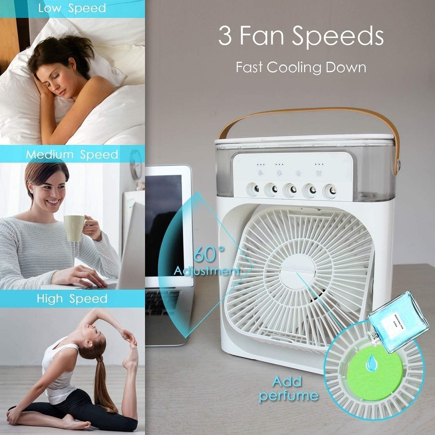 Portable Air Cooler Fan with Water Tank & USB Power - Mini Personal Evaporative Cooler with 3 Speeds, Mist Humidifier, LED Light, Quiet Cooling for Home, Office, Bedroom (Multicolor)
