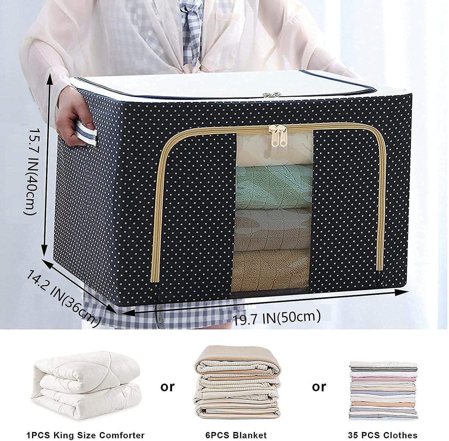 Foldable Clothes Storage Box, (66 Liter) Large Capacity Clothes Storage Bag Organizer with Thick Fabric Visible Steel Frame, Saree Organisers Storage for Wardrobe (Pack of 1), Navy Blue