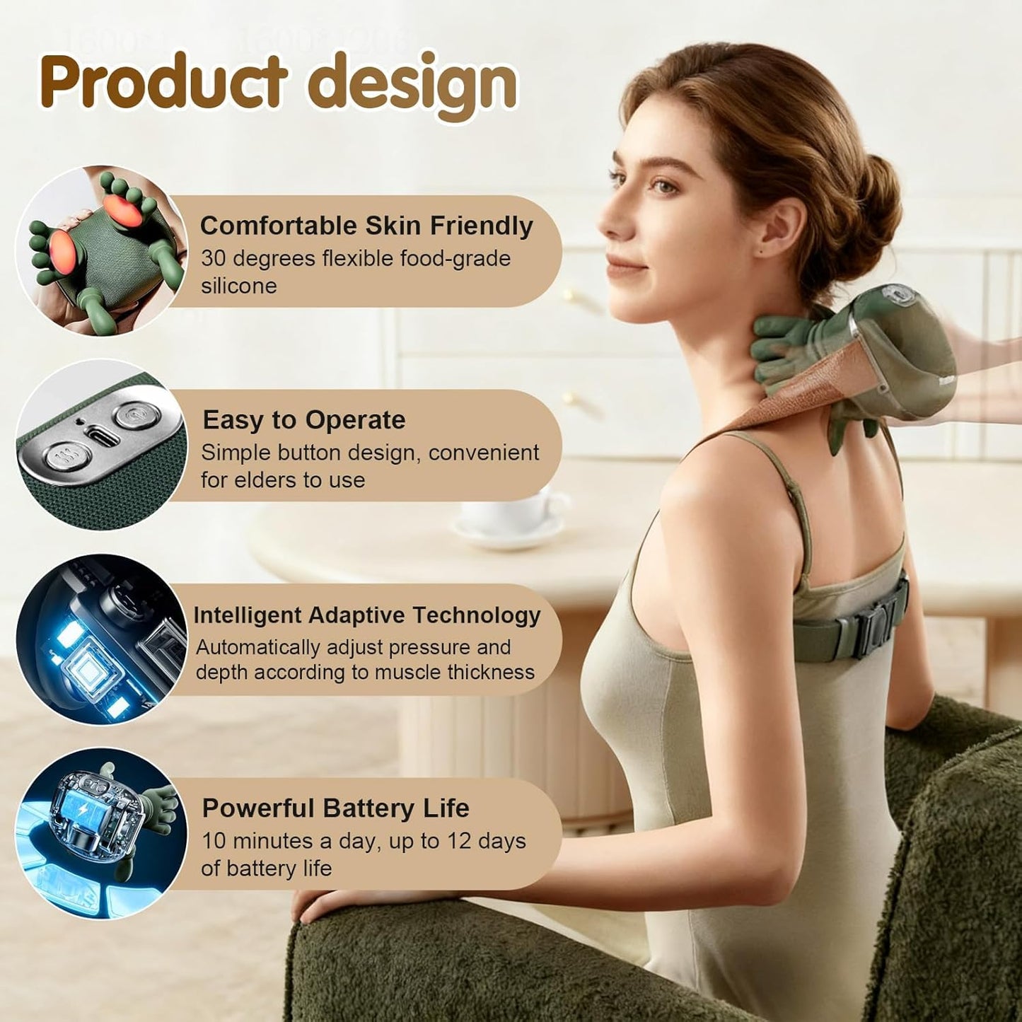 Bionic Heated Massager, Wireless Portable Neck and Back Massager, Electric Deep Tissue 4D Kneading Massage, Simulated Human Hand Design for Pain Relief and Muscle Relax