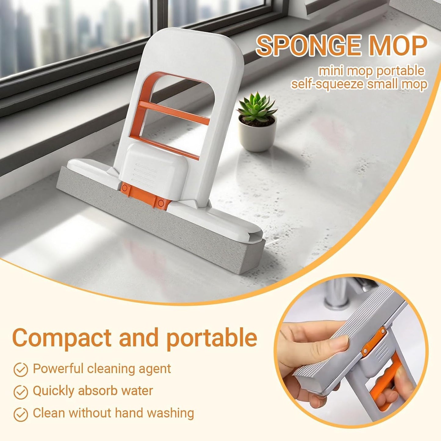 Mini Foldable Desktop Sponge Mop, Portable Handheld Self-Squeeze Cleaning Mop, Wet & Dry Cleaning Tool for Kitchen, Bathroom, Tiles, Glass, Window, Desk & Small Spaces