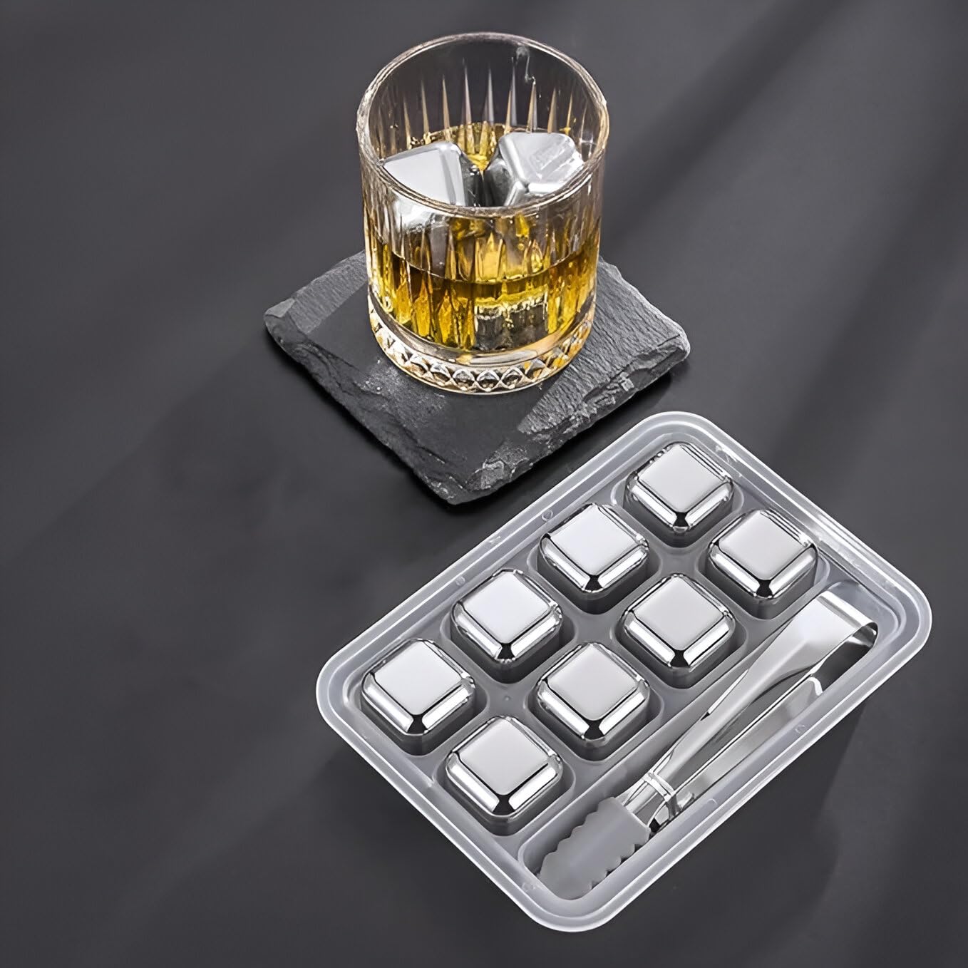 8Pcs Stainless Steel Reusable Whiskey Stones Ice Cubes with Tongs & Container