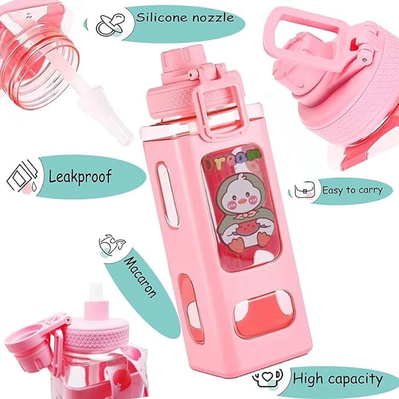 Kawaii Water Bottle With Straw, 3D Stickers Cute Aesthetic Bottle - 700ml