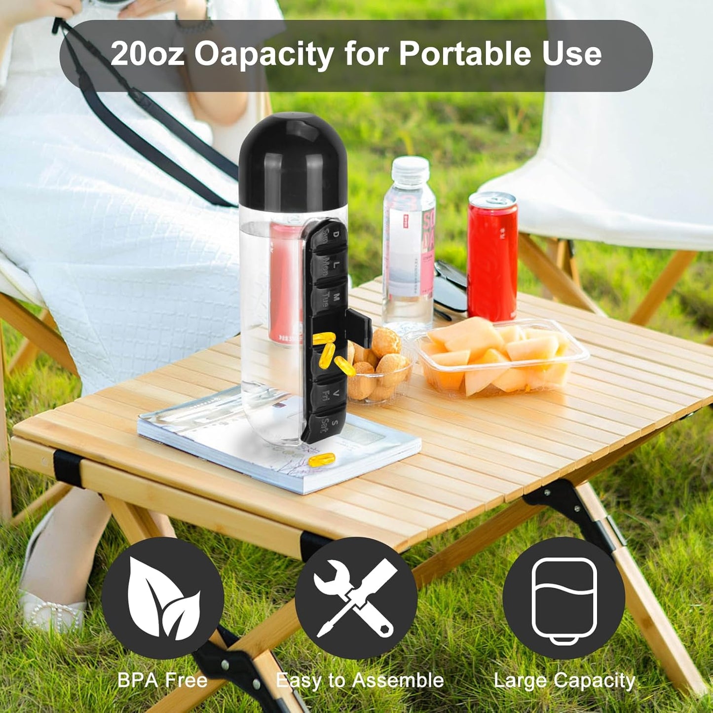 2 in 1 Pill Bottle With Water Bottle-750ml, Medicine Organizer Box (Multicolor)