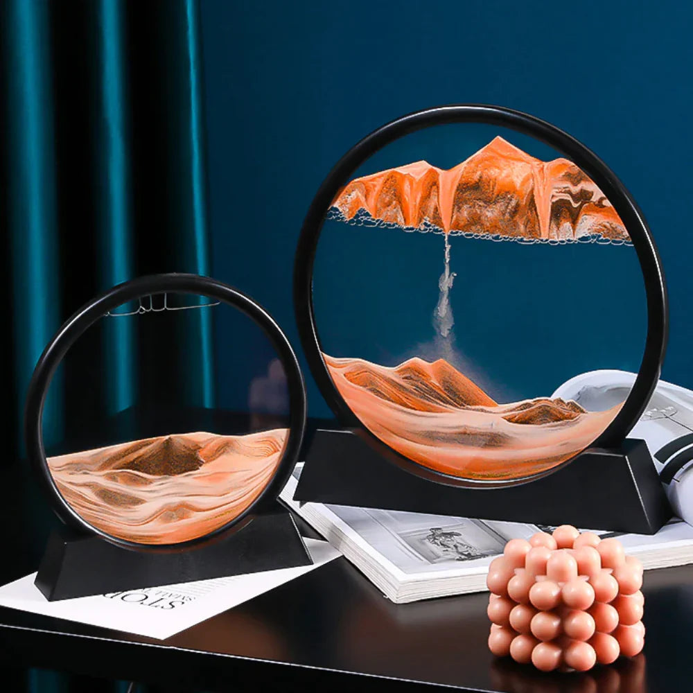 3D Dynamic Moving Sand Art Picture, Liquid Motion Sand Painting in Round Glass Frame, Natural Landscape Sandscape Showpiece, Office Desktop and Home Decor Gift (7 Inch, Multicolor)