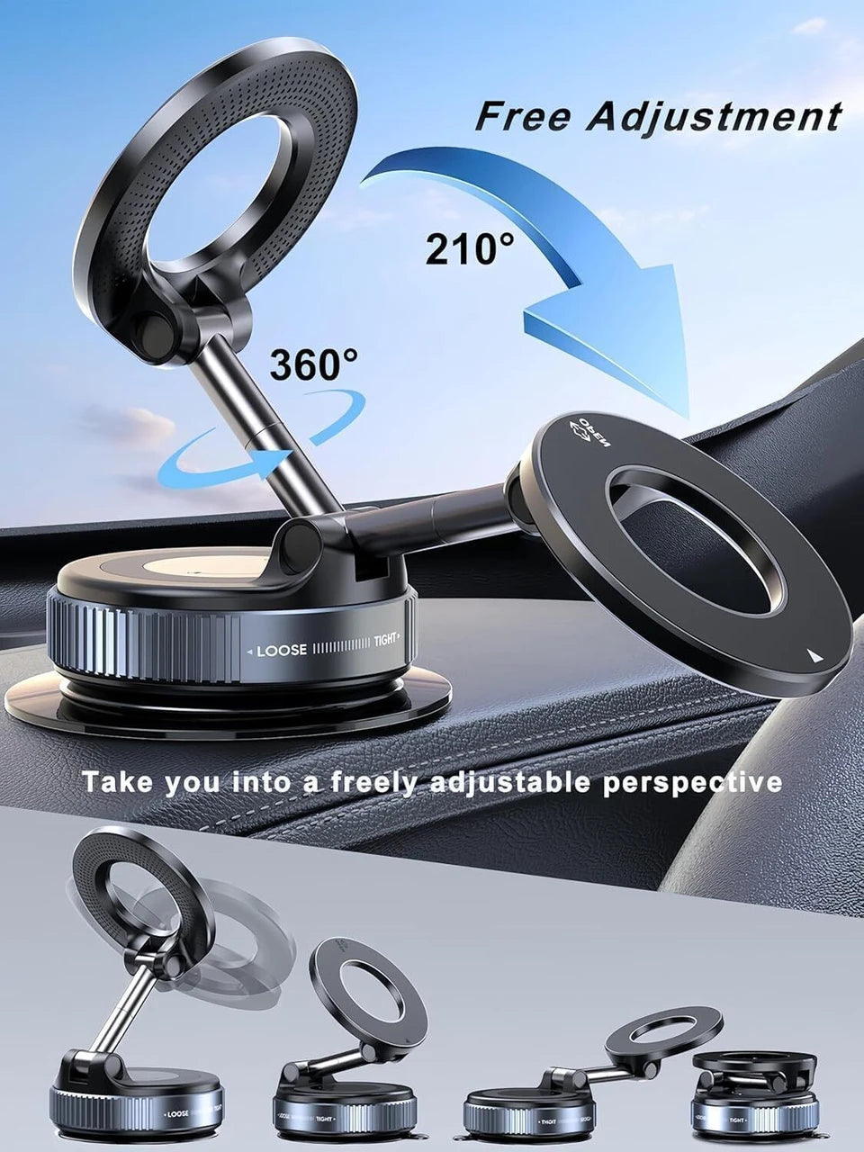Vacuum Magnetic Smartphones Holders for Your Car, 360° Adjustable Foldable Mobile Stand